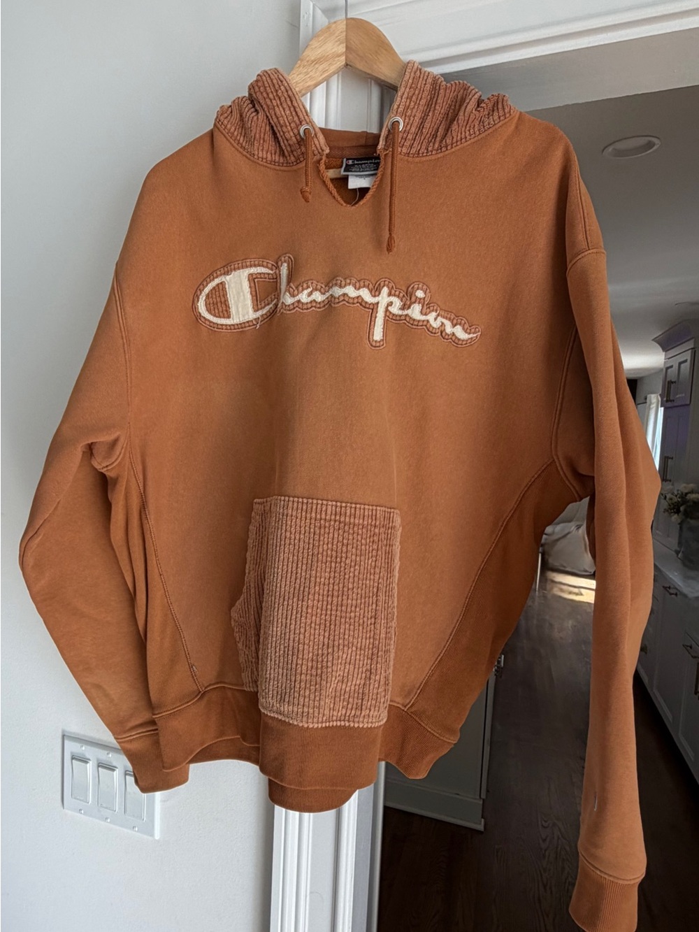 Men’s Y2K 90s Champion Hoodie Brown Corduroy Camel Cognac Rust XL